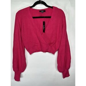 Lulus Pullover Fit For Fall Hot Pink Surplice Balloon Sleeve Sweater‎ Sz S